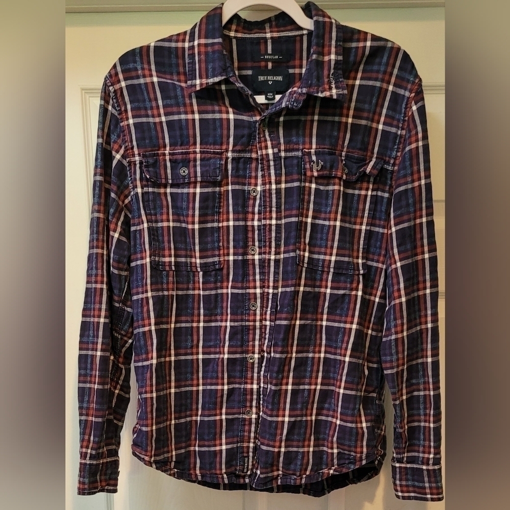 TRUE RELIGION $89 Men's Blue Plaid Casual Long Sleeve Button Down Shirt Size Med